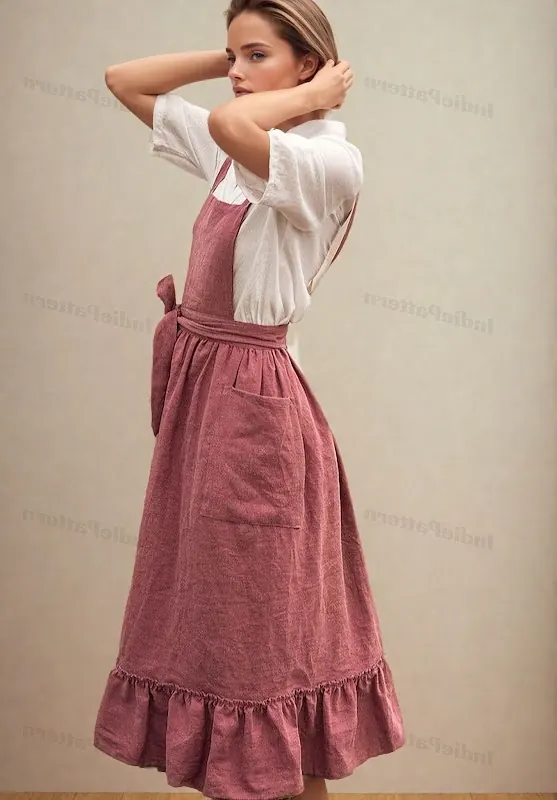 A woman wearing a gathered apron dress